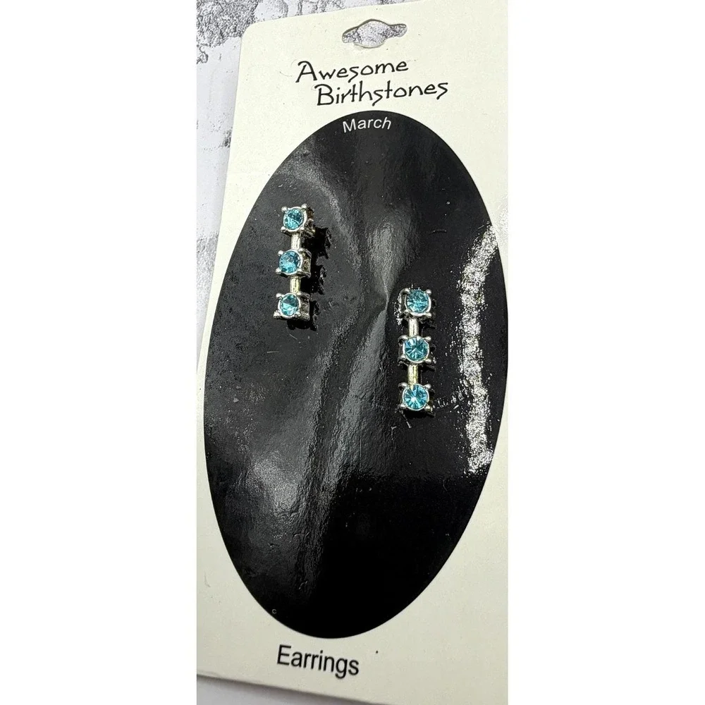 March Birthstone Stud Earrings Aqua Rhinestone Silver Tone NOS NWT